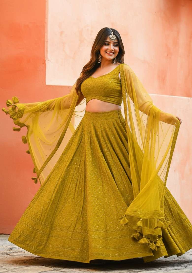 Yellow Embroidered Georgette Lehenga set - Indya