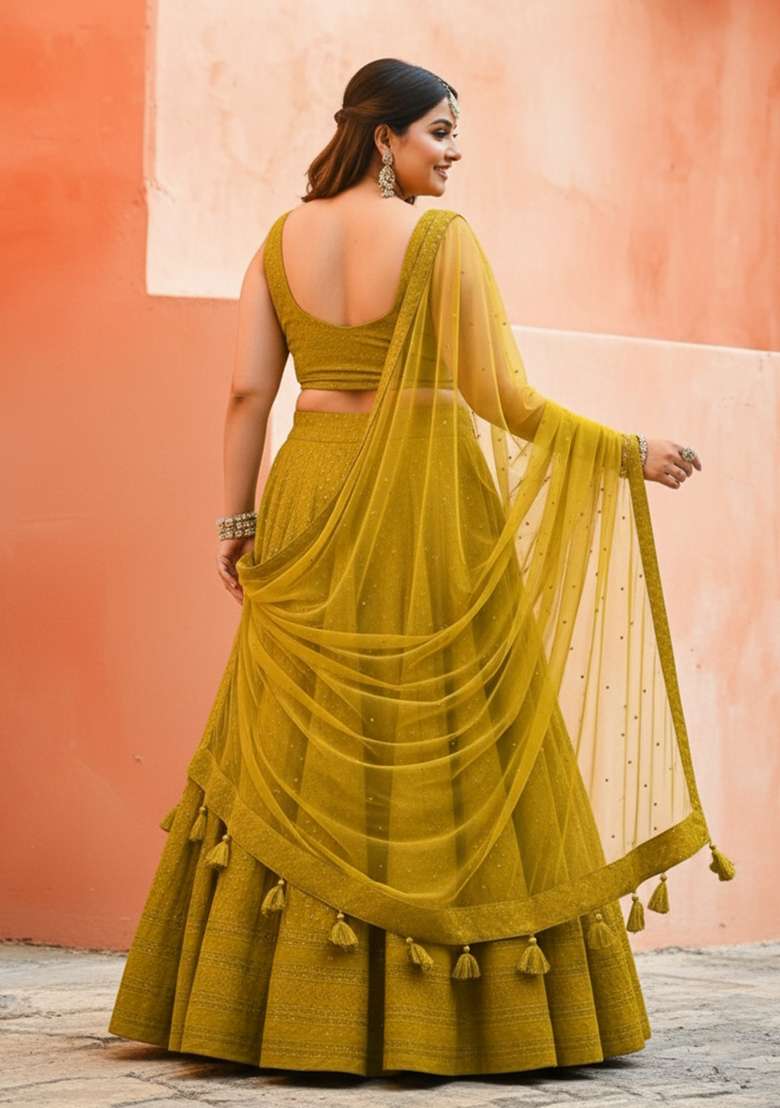 Yellow Embroidered Georgette Lehenga set - Indya