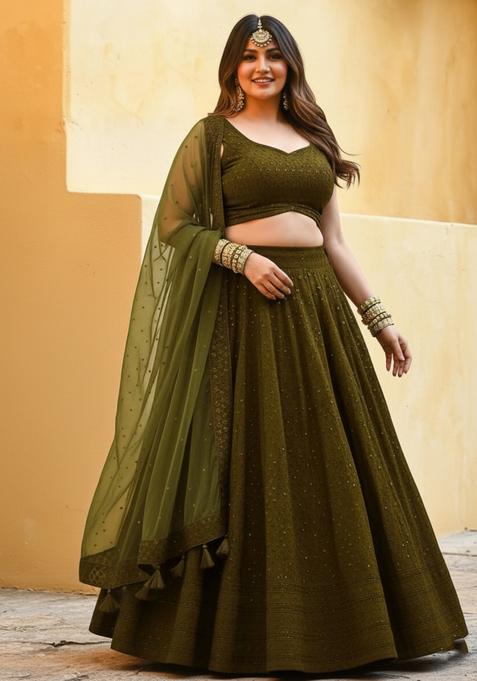 Green Embroidered Georgette Lehenga set