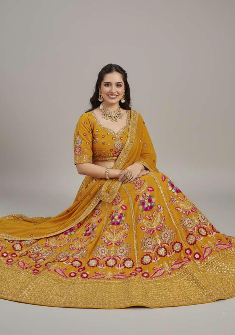 Yellow Embroidered Georgette Lehenga set - Indya