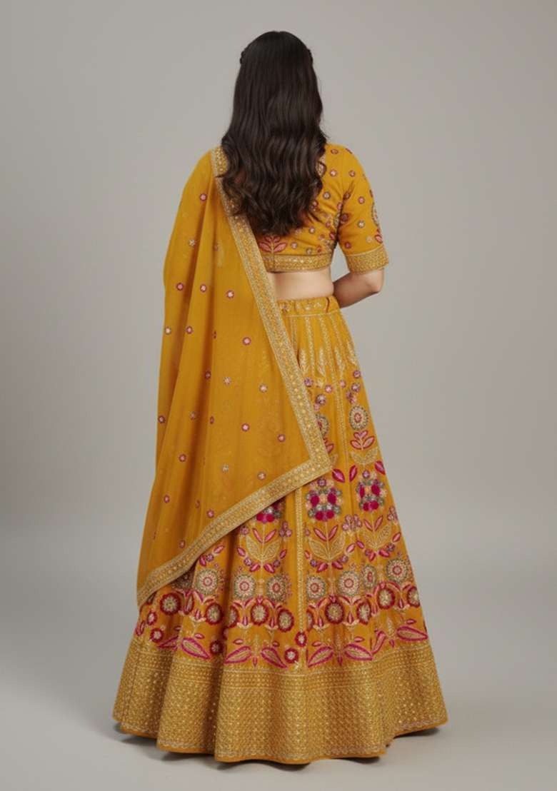 Yellow Embroidered Georgette Lehenga set - Indya
