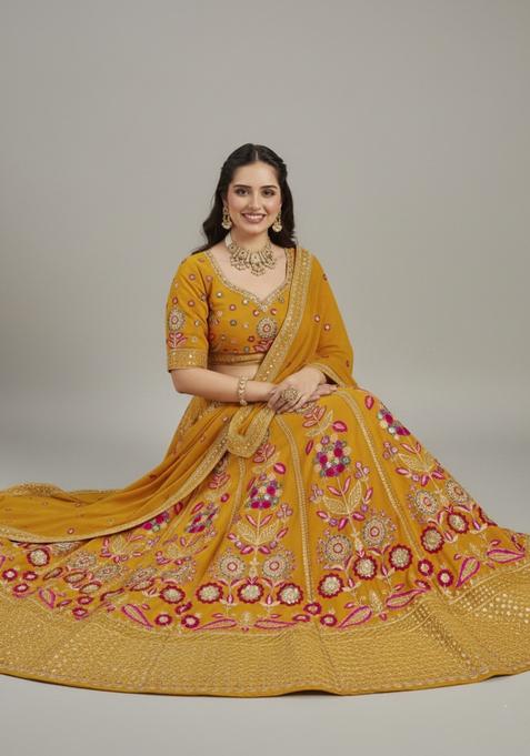 Yellow Embroidered Georgette Lehenga set