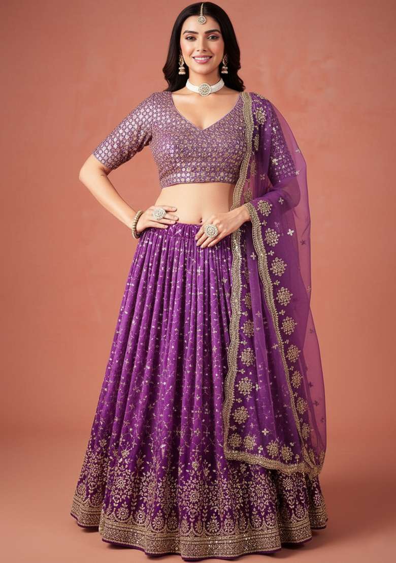 Purple Embroidered Georgette Lehenga set - Indya
