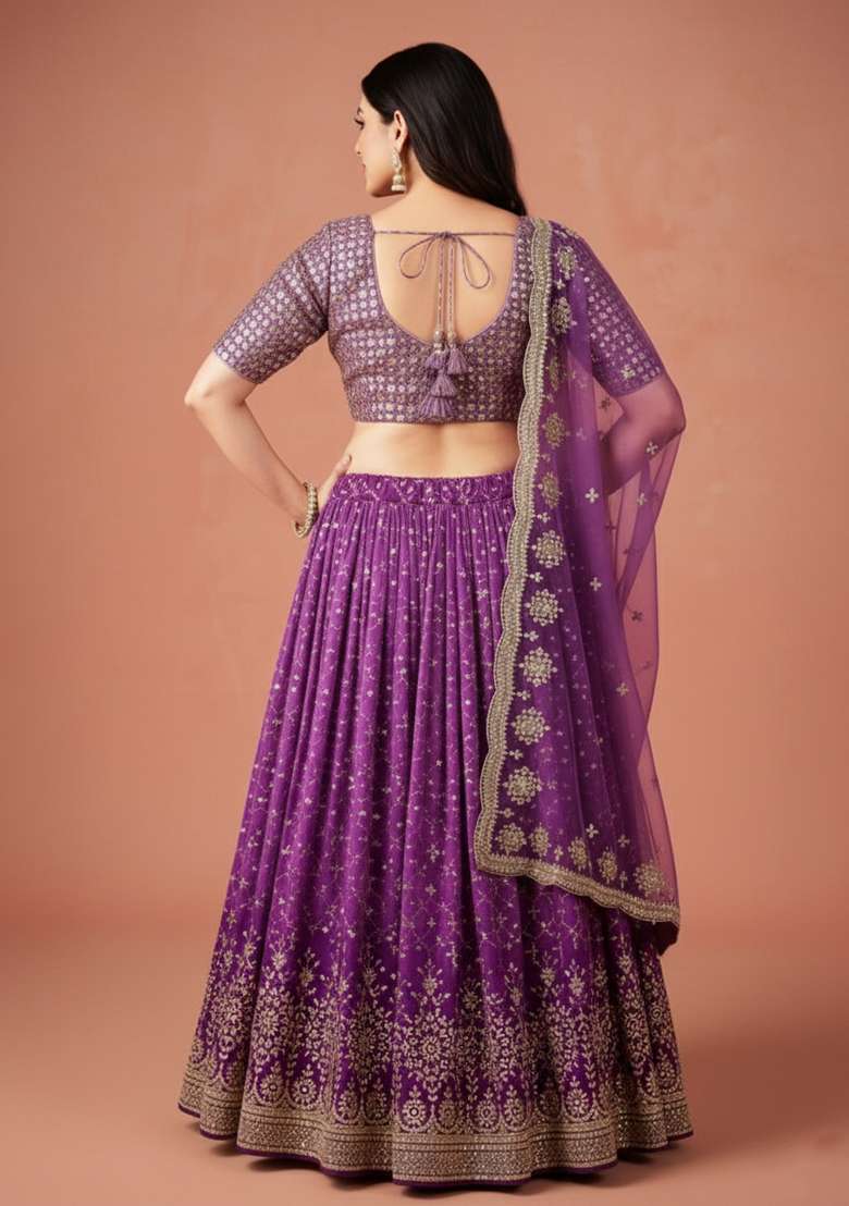 Purple Embroidered Georgette Lehenga set - Indya