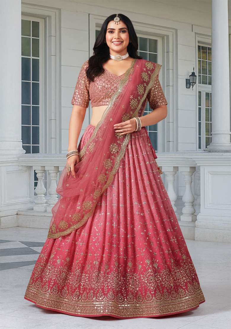 Peach Embroidered Georgette Lehenga set - Indya