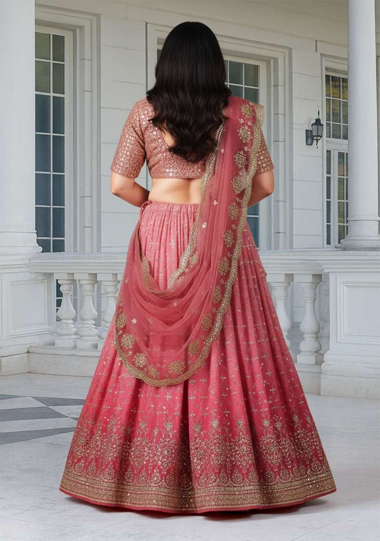 Peach Embroidered Georgette Lehenga set - Indya