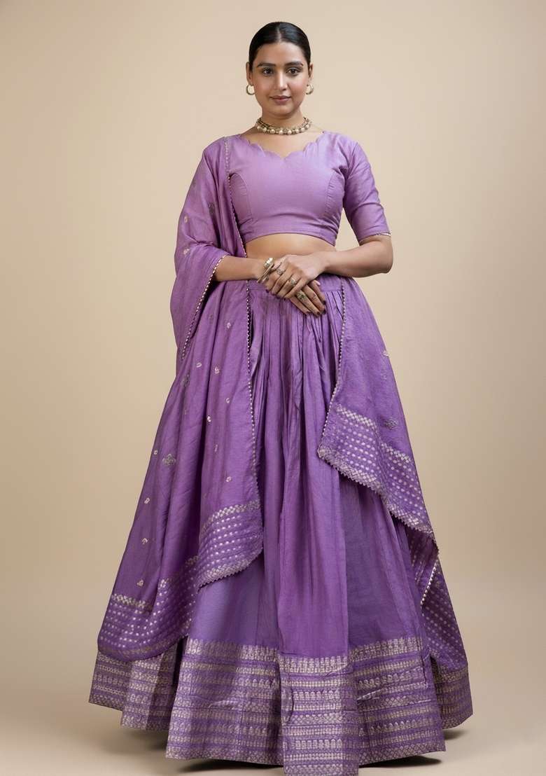 Purple Zari Work Chanderi Lehenga Set - Indya