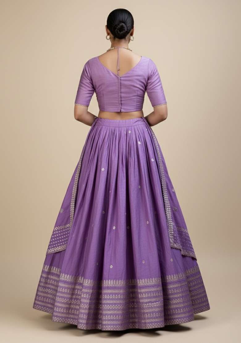 Purple Zari Work Chanderi Lehenga Set - Indya