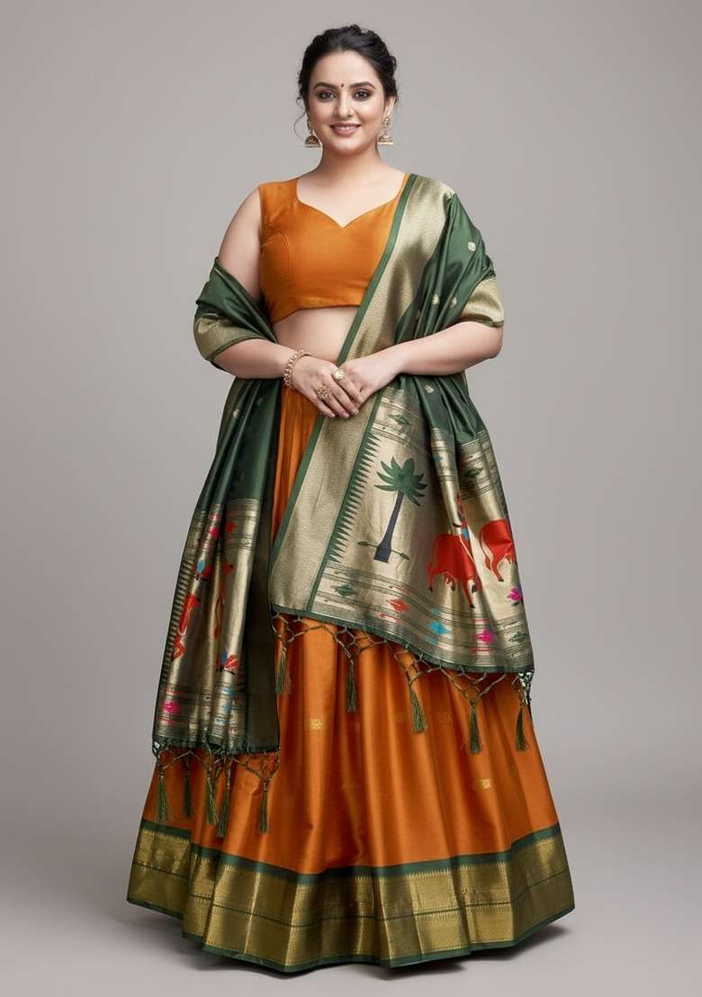 Orange Zari Work Woven Lehenga Set - Indya