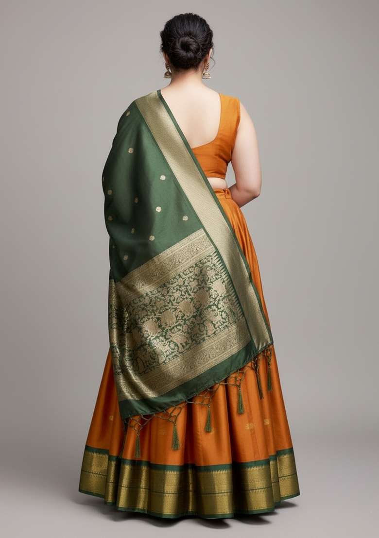 Orange Zari Work Woven Lehenga Set - Indya