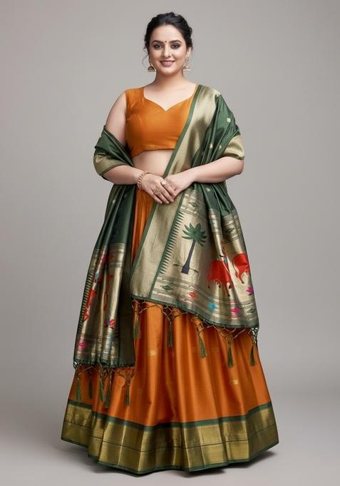 Orange Zari Work Woven Lehenga Set