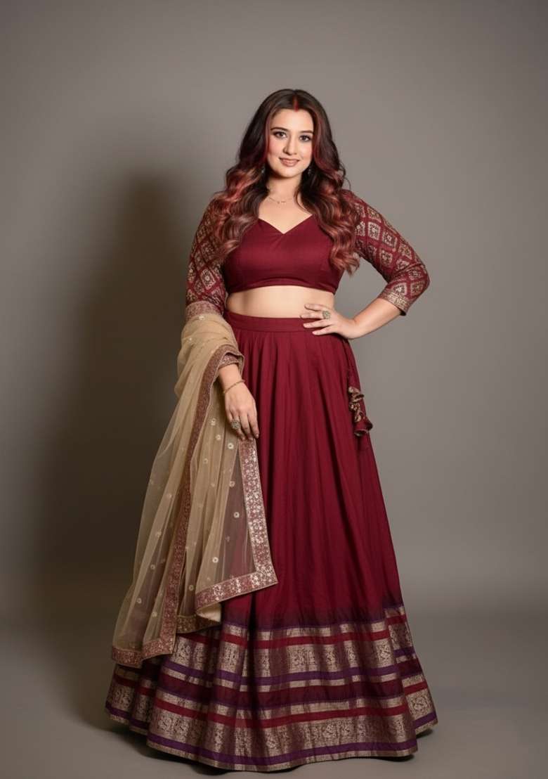 Red Zari Work Chanderi Lehenga Set - Indya