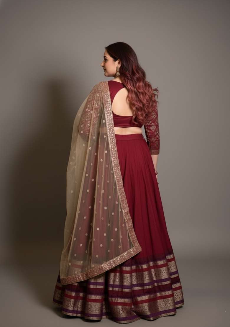 Red Zari Work Chanderi Lehenga Set - Indya