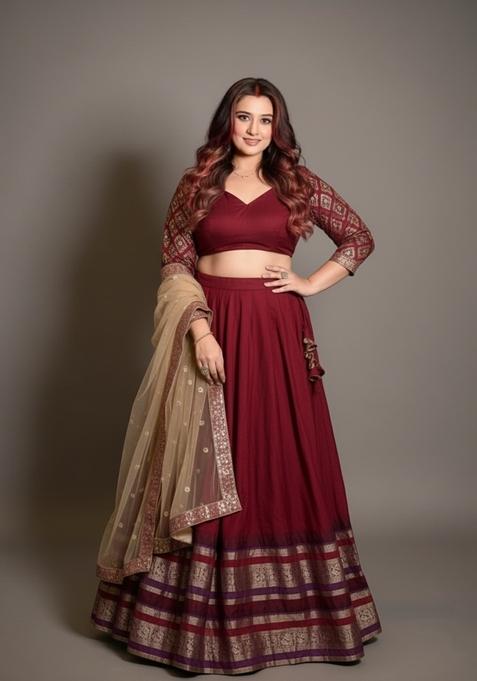 Red Zari Work Chanderi Lehenga Set