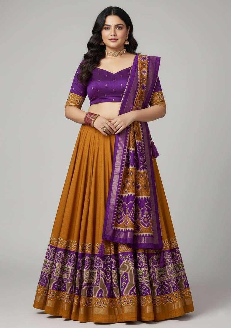 Mustard Printed Silk Blend Lehenga Set - Indya
