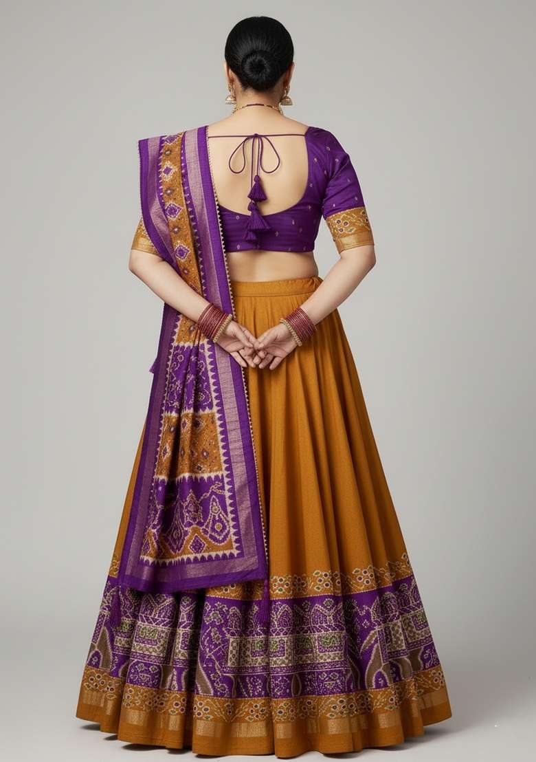 Mustard Printed Silk Blend Lehenga Set - Indya
