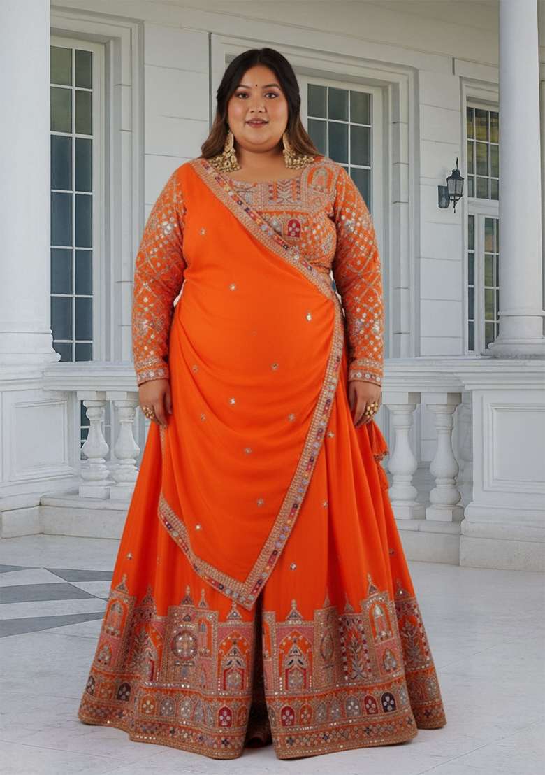 Orange Embroidered Silk Lehenga set - Indya