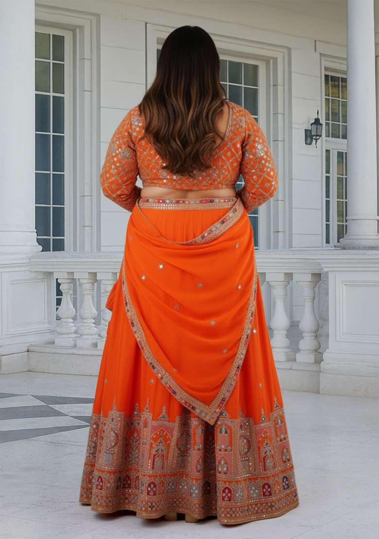 Orange Embroidered Silk Lehenga set - Indya
