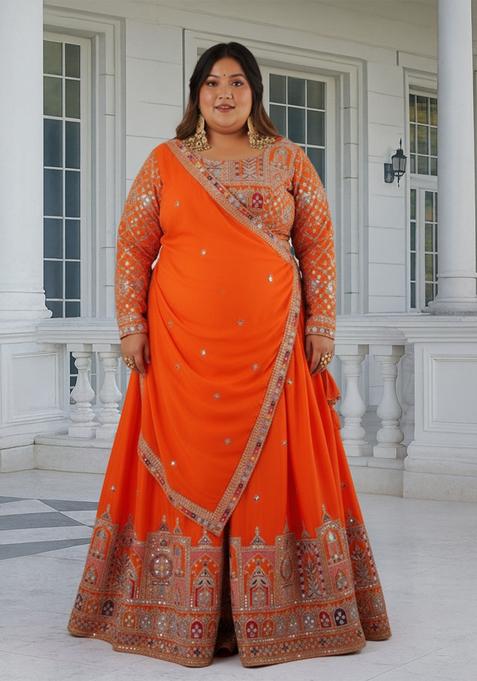 Orange Embroidered Silk Lehenga set