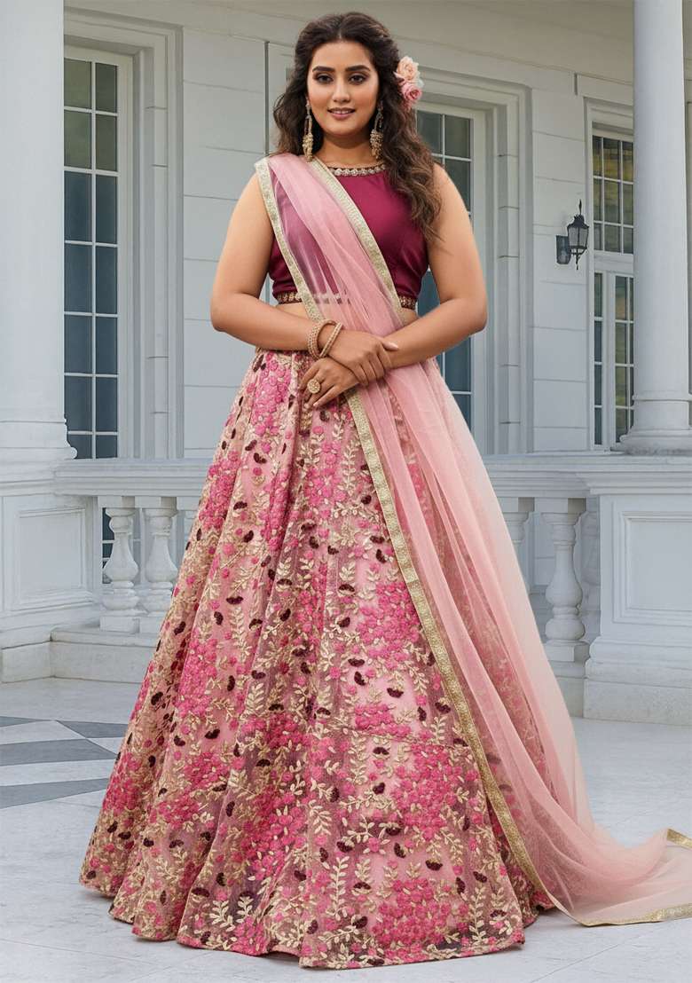 Light Pink Embroidered Net Lehenga set - Indya
