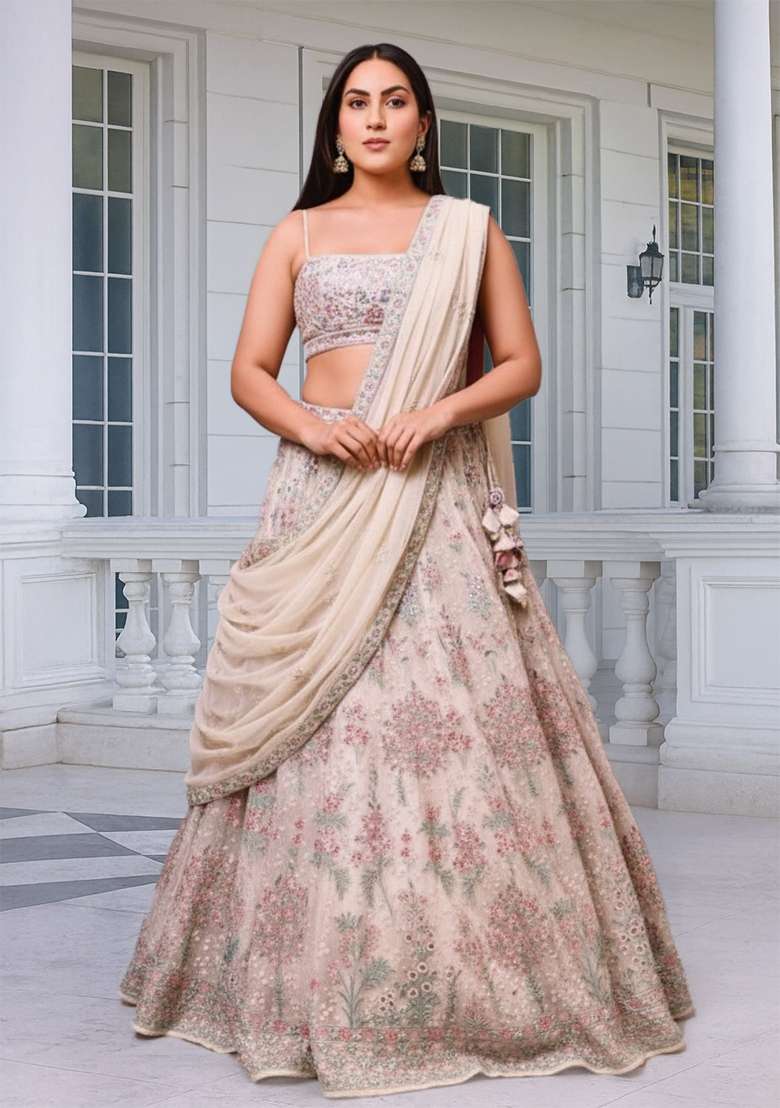 Off White Embroidered Georgette Lehenga set - Indya
