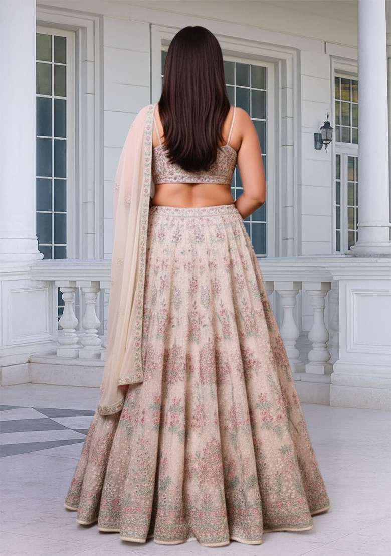 Off White Embroidered Georgette Lehenga set - Indya