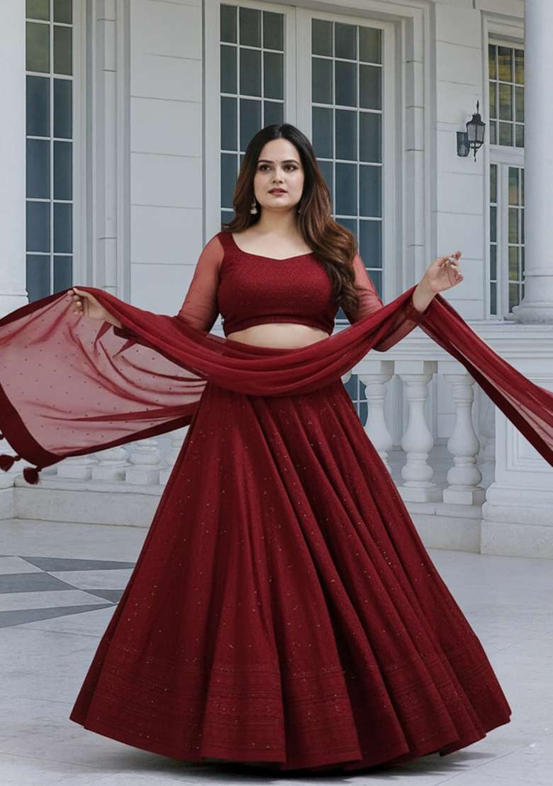 Maroon Embroidered Georgette Lehenga set - Indya