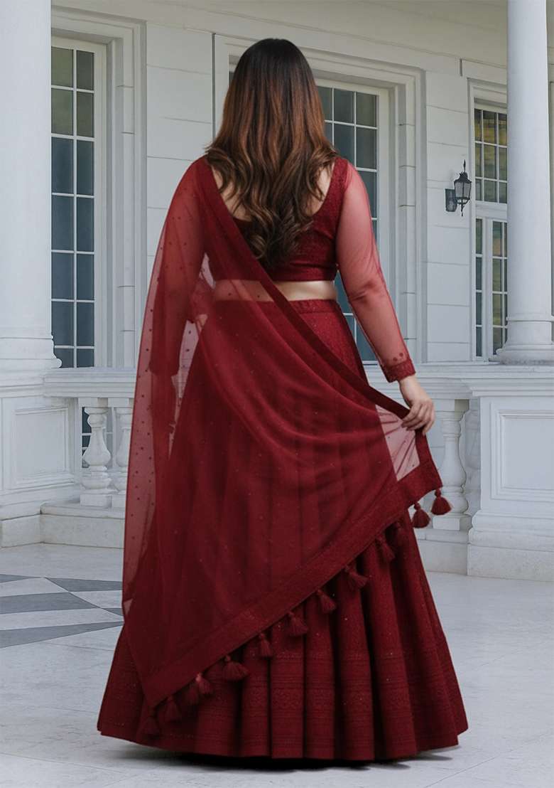 Maroon Embroidered Georgette Lehenga set - Indya