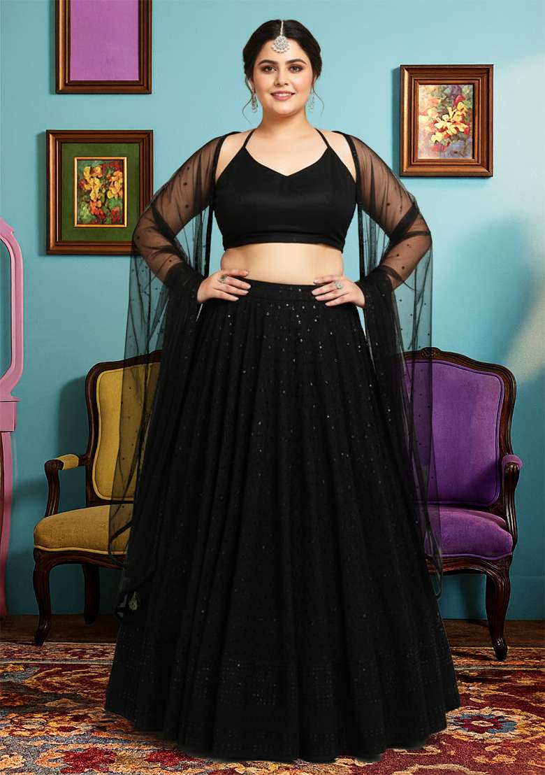 Black Embroidered Georgette Lehenga set - Indya