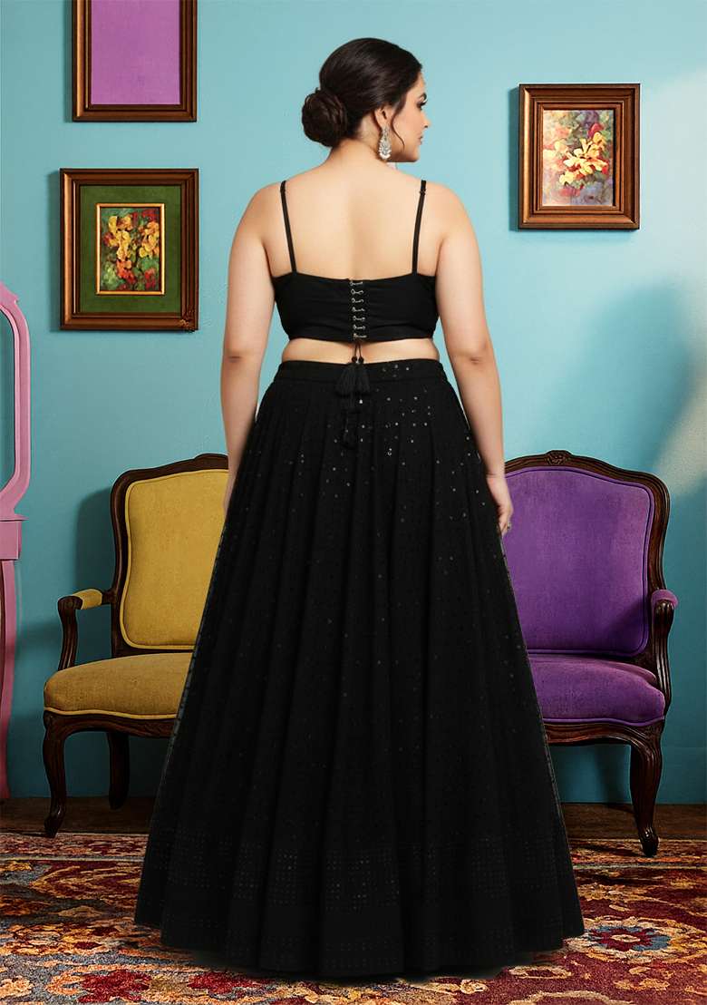 Black Embroidered Georgette Lehenga set - Indya