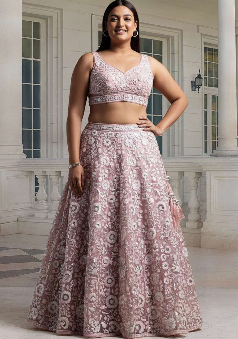 Pink Embroidered Net Lehenga set - Indya