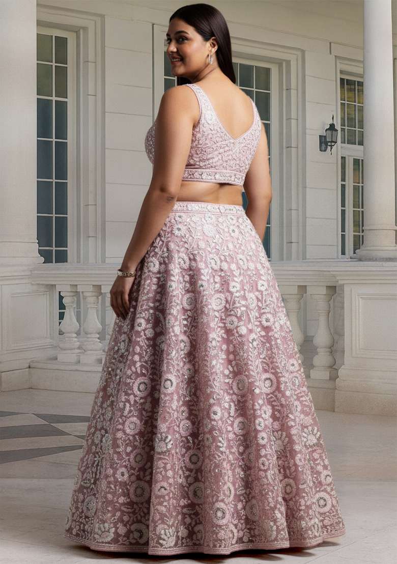 Pink Embroidered Net Lehenga set - Indya