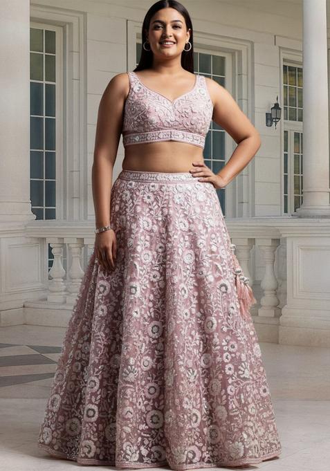 Pink Embroidered Net Lehenga set