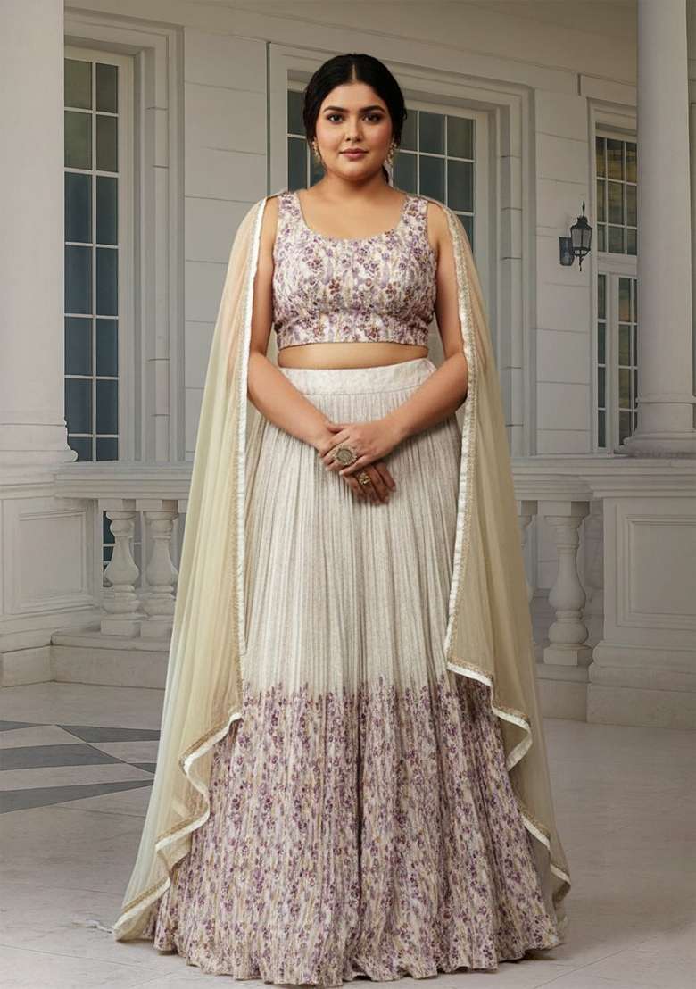 Off White Printed Georgette Lehenga set - Indya