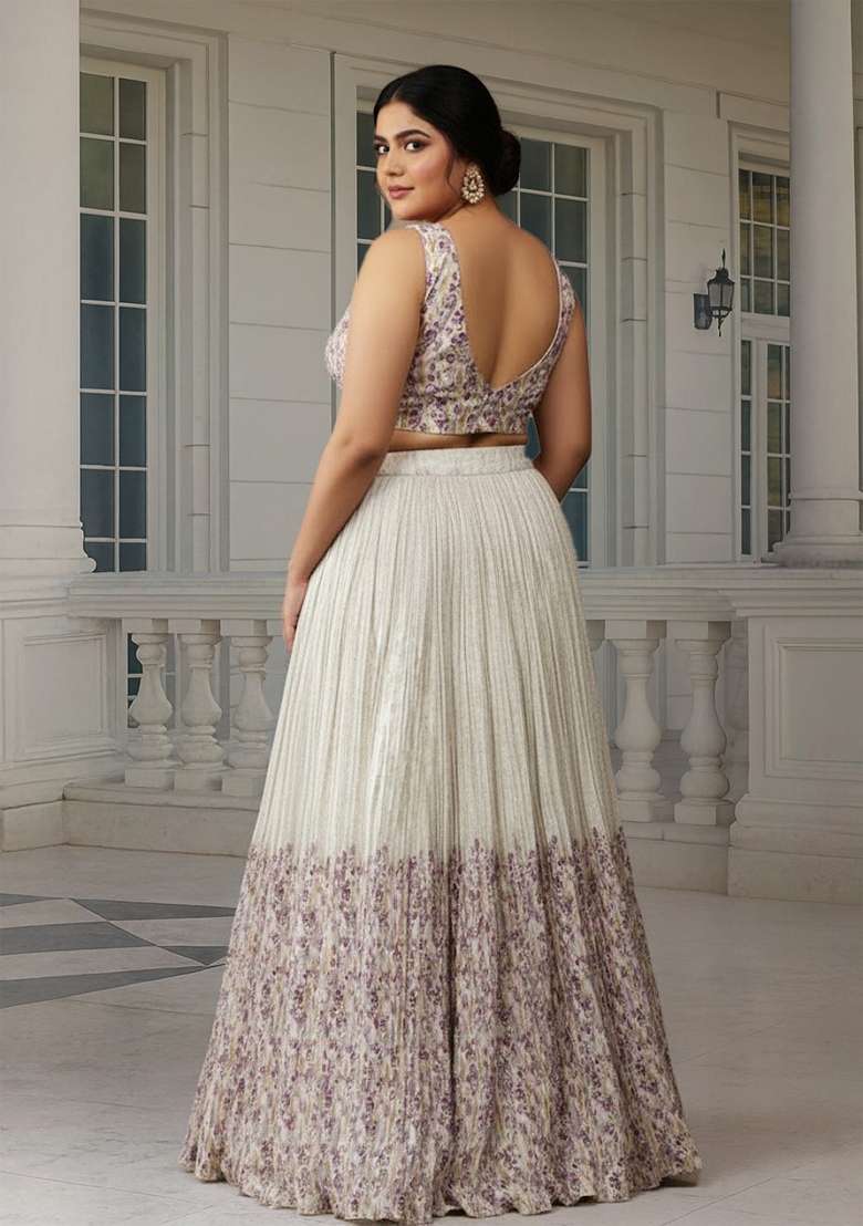 Off White Printed Georgette Lehenga set - Indya