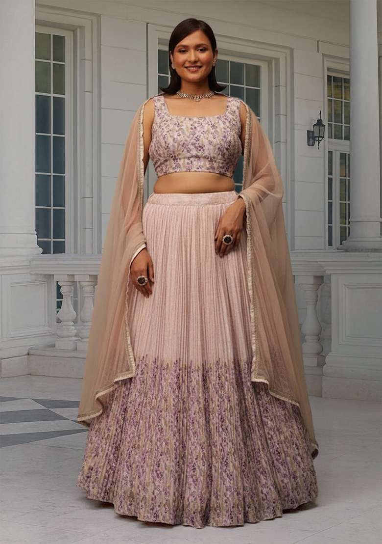 Peach Printed Georgette Lehenga set - Indya
