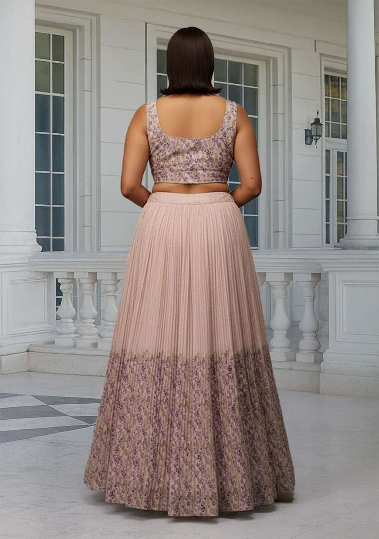Peach Printed Georgette Lehenga set - Indya