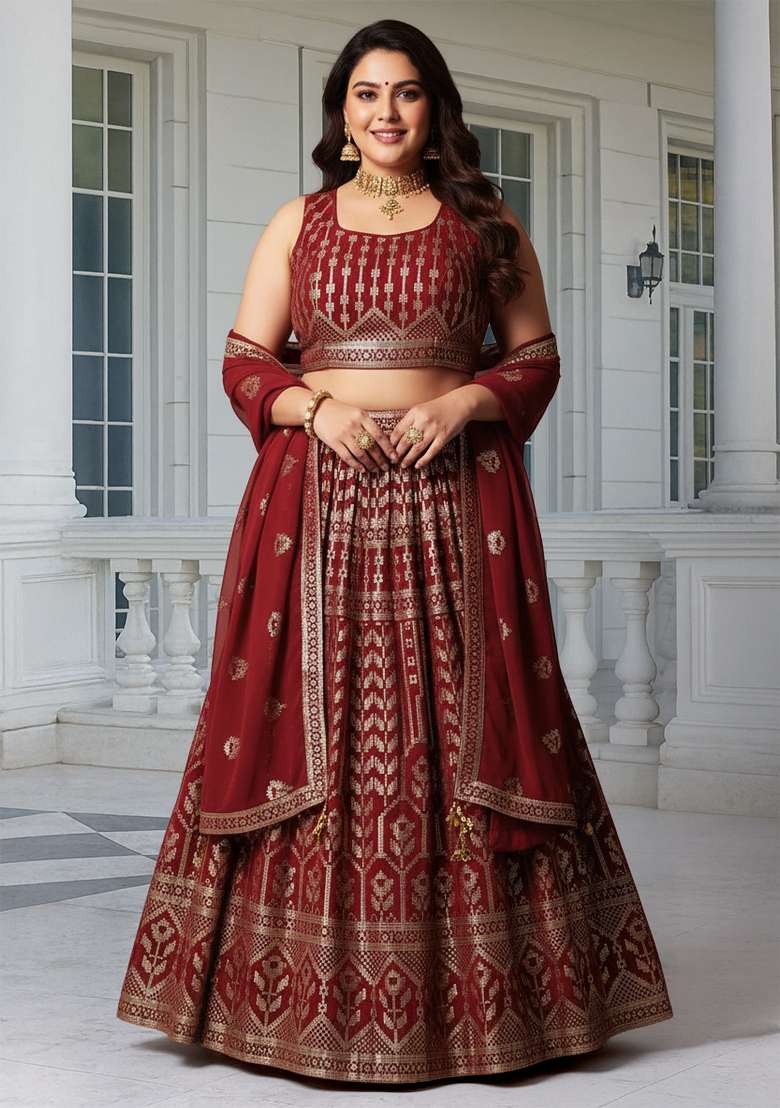 Maroon Embroidered Georgette Lehenga set - Indya