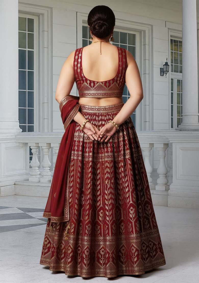 Maroon Embroidered Georgette Lehenga set - Indya