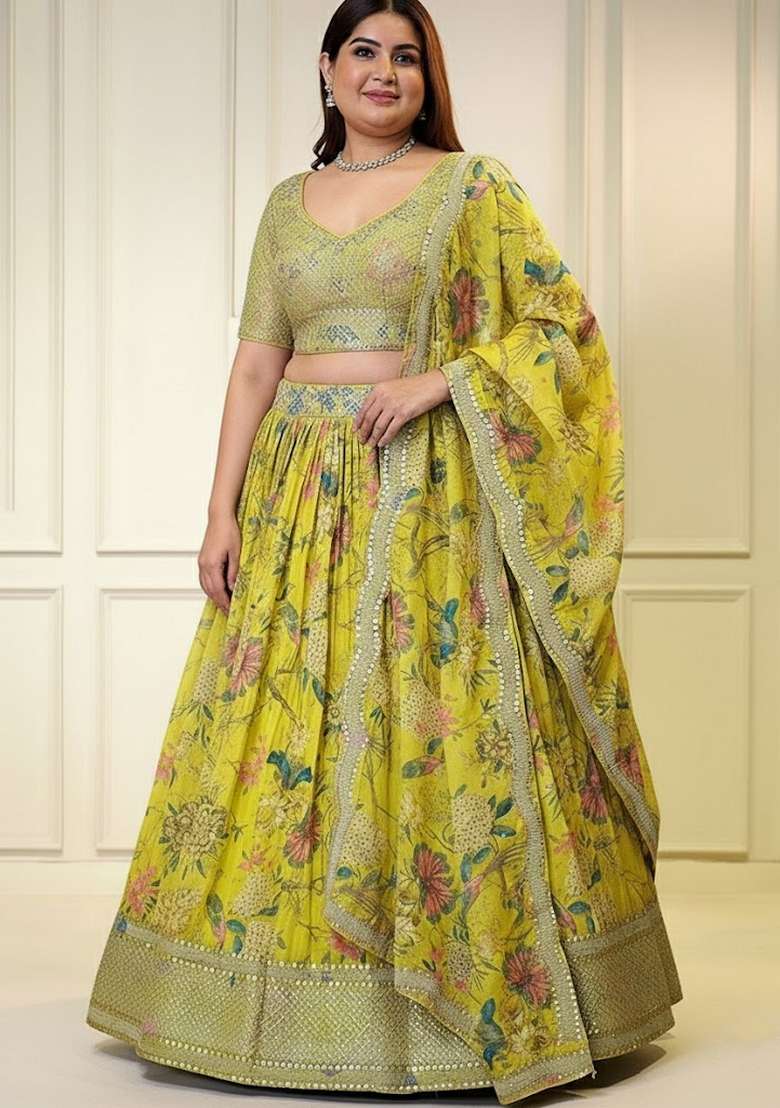 Yellow Embroidered Organza Lehenga set - Indya