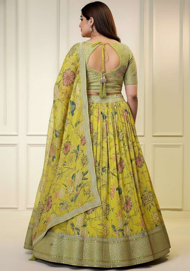 Yellow Embroidered Organza Lehenga set - Indya
