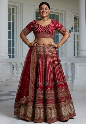 Red Embroidered Silk Lehenga set