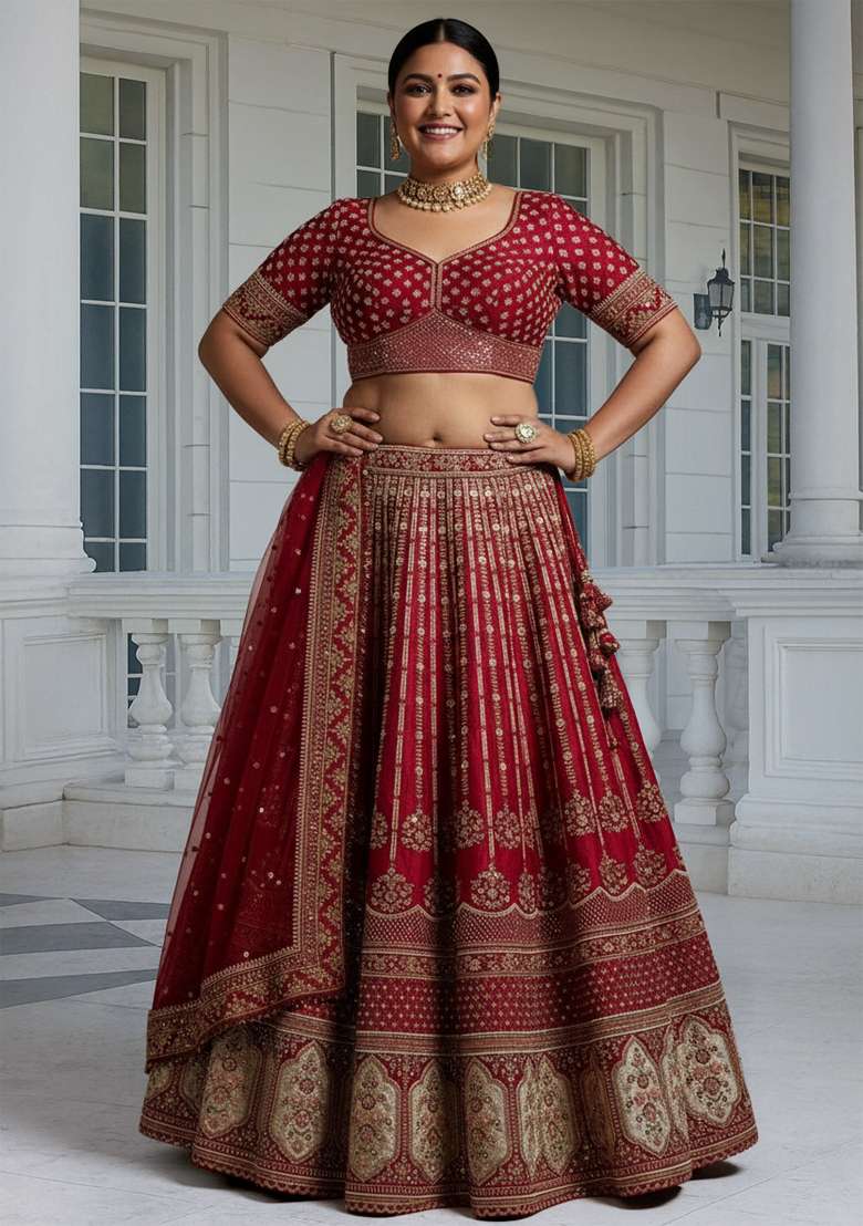 Red Embroidered Silk Blend Lehenga set - Indya
