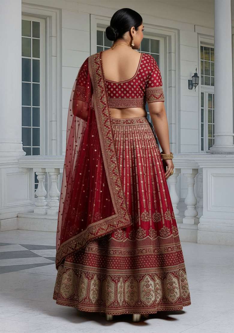 Red Embroidered Silk Blend Lehenga set - Indya