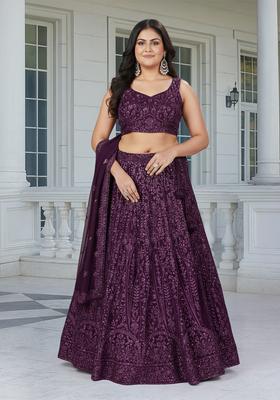 Purple Embroidered Georgette Lehenga set