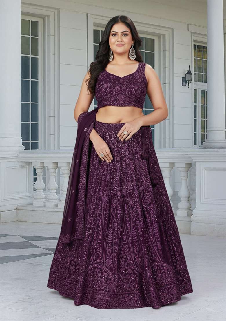 Purple Embroidered Georgette Lehenga set - Indya