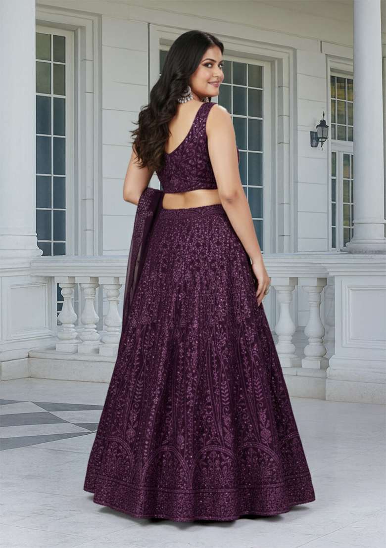 Purple Embroidered Georgette Lehenga set - Indya