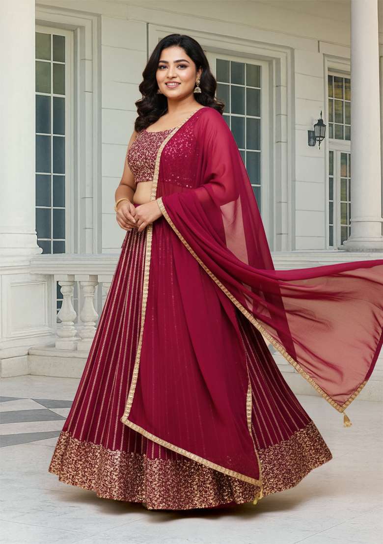 Purple Embroidered Georgette Lehenga set - Indya