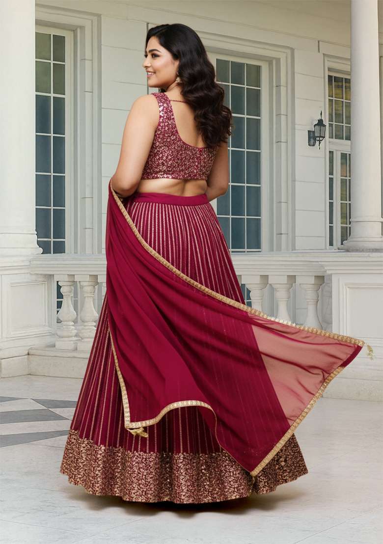 Purple Embroidered Georgette Lehenga set - Indya
