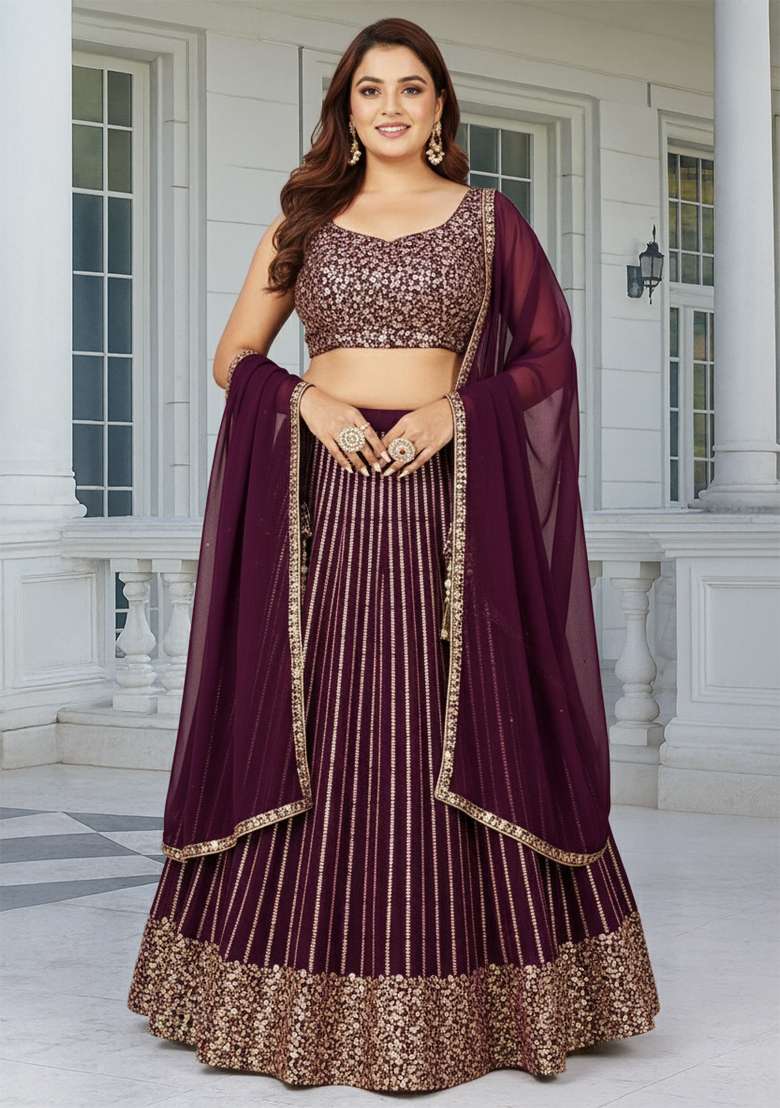 Wine Embroidered Georgette Lehenga set - Indya